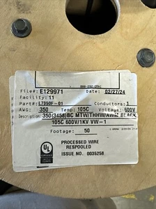 ELECTRICAL WIRE CABLE, CU, 350MCM, MTW, THHW, AWM, BLACK, 600V RATED, PER FOOT. - Picture 1 of 3