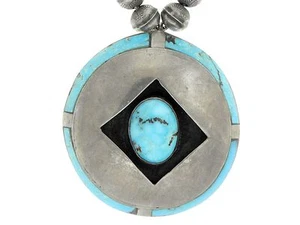 Sterling Silver 8mm Round Bead 26" Necklace with LARGE Turquoise Inlay Pendant - Picture 1 of 8