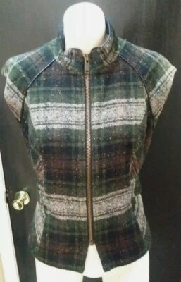 CAbi Grid Vest Plaid Wool Blend  Faux Leather. Size M - Image 1 of 3