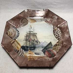 8.5” Vtg Mary D. McDougall Handmade Hanging Plate Ships Boat Sea Shells Decor - Picture 1 of 9