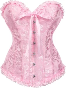 SHYMMUO Damen Schnür Korsett Top Satin Blumen entbeint Überbrust klein, rosa - Bild 1 von 6