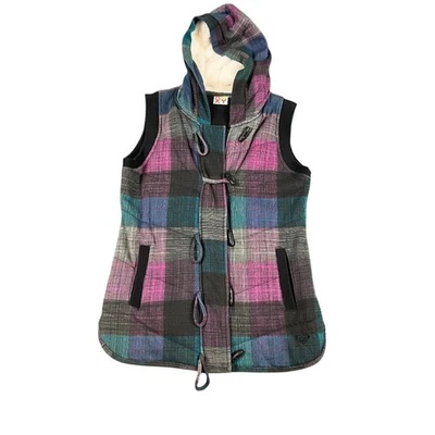 Roxy Women's Colorful Plaid Hooded Vest Medium Zip Up  * - Image 1 of 4