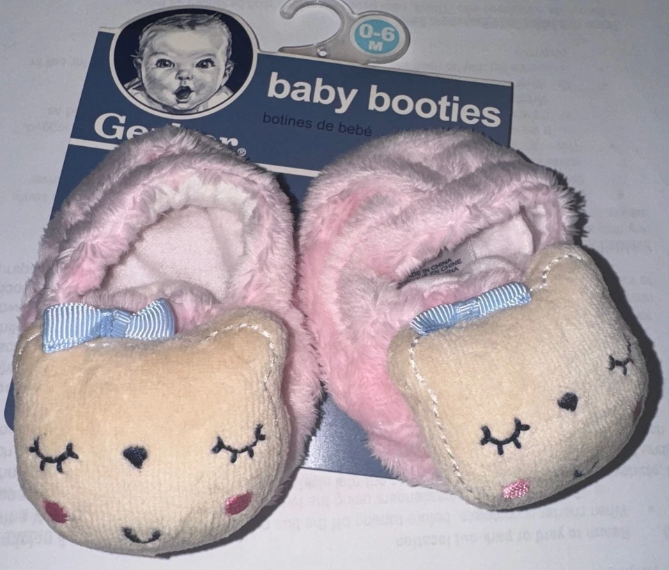 GERBER fleece slippers pink/tan BEAR motif size 0-6 months - Image 1 of 1