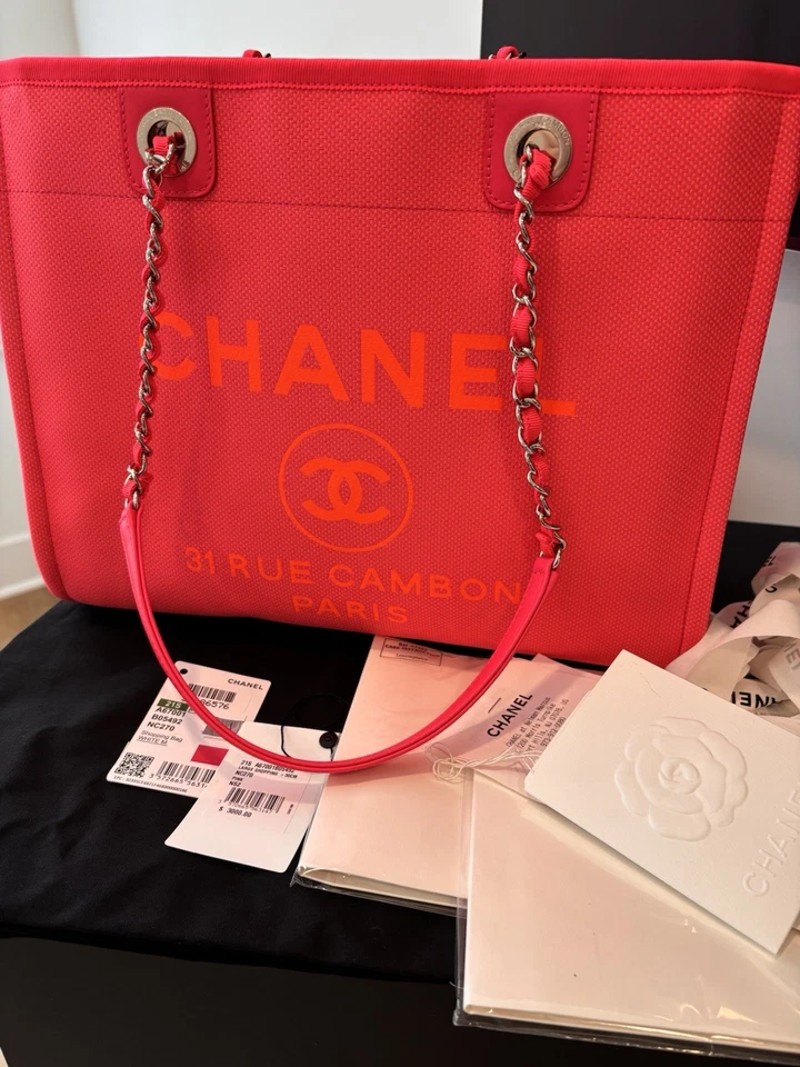 Bolso de Hombro CHANEL Grande con Cadena de Lona Rosa y Naranja Nuevo en Caja Foto 1 de 4