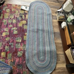 Vintage Wool Braided Oval Rug Wedgewood Blue Multi Color Runner NOS - Picture 1 of 4