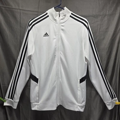 Jaqueta Adidas Juventude Grande Branca/Preta Climalite Zíper Completo Faixa Listras Atléticas - Imagem 1 de 4