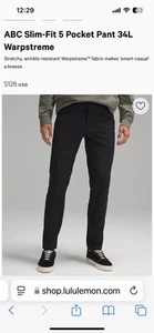 Men’s Lululemon ABC Slim-Fit 5 Pocket Pant 36x 34L Warpstreme Black - Picture 1 of 4