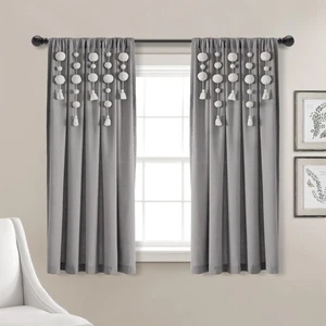 Boho Pom Pom Tassel Linen Textured Window Curtain Panel, Single 52" W x 63" L... - Picture 1 of 7