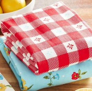 Pioneer Woman Sweet Rose Check Red Blue Cotton Kitchen / Hand Towels TWO NEW - Picture 1 of 2
