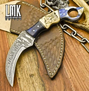 LMK Hand Forged Karambit Knife Ladder Damascus ScrimShaw Bone Fishing - Picture 1 of 9