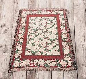 VTG Tapestry Thick Throw Blanket Roses Floral Flower Fringe Red Green Pink 58x44 - Picture 1 of 8