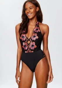 Ann Summers Embroidered Plunge Pantar Swimsuit Halter Tie Swimwear Black - Picture 1 of 6