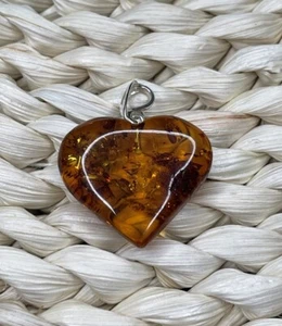 AMBER Stone Jewelry with Sterling Silver.Heart shape Amber Pendant.Cognac Amber. - Picture 1 of 7