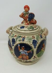  Vintage Gerz German Majolica Canister Lid Small Cookie Jar with Castles 