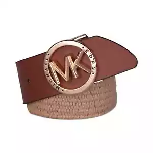 Michael Kors Belt Stretch Brown Leather Logo Gold Round Buckle Size L / XL NWT - Picture 1 of 3