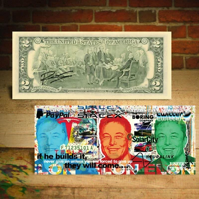 ELON MUSK World's Richest Man Pop Art Genuine $2 U.S Bill HAND-SIGNED by Rency - Image 1 of 4