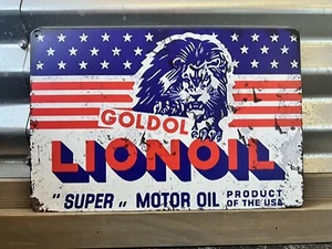 "GOLDOL LIONOIL SUPER MOTORÖL PRODUKT DER USA DISTRESSED LOOK ZINNSCHILD 8""X12" - Bild 1 von 1