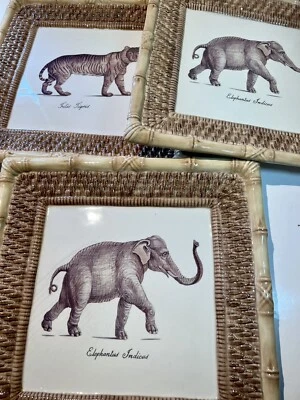 3 Chipped Plates Mosaic Tiles Safari Animals Tiger Elephant 3D Rattan Craft - Image 1 of 3