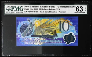 [MINI RADAR] New Zealand 10 Dollars 2000 Comm. P190 PMG 63 CU UNC BLACK SN 48484 - Picture 1 of 2