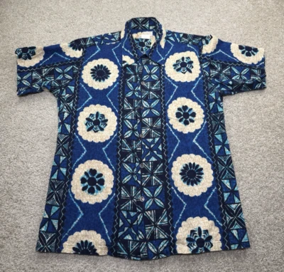 Camisa Hawaiana Kimos De Colección Tienda Polinesia Tela Corteza Cuello Lazo Azul Abstracto L Foto 1 de 4