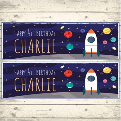 2 BANDERAS PERSONALIZADAS DE FIESTA DE CUMPLEAÑOS DE PLANETAS, ESPACIO, COHETES - CUALQUIER NOMBRE Y EDAD Foto 1 de 2