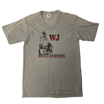 NOS Vtg 70's Sportswear Men Gray V Neck Tee WJ BUCCANEERS Football 50/50 T Shirt - Image 1 of 4