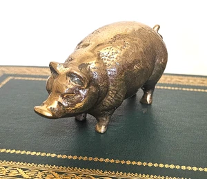 Vintage Solid Brass Pig Hog MCM Figurine Paperweight Patina Made in Korea 4" - Picture 1 of 5