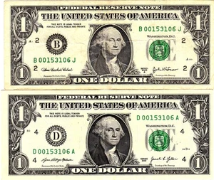 $1 2021  2003A  Fancy Serial MATCHING LOW SERIALS D00153106A  B00153106J - Picture 1 of 1