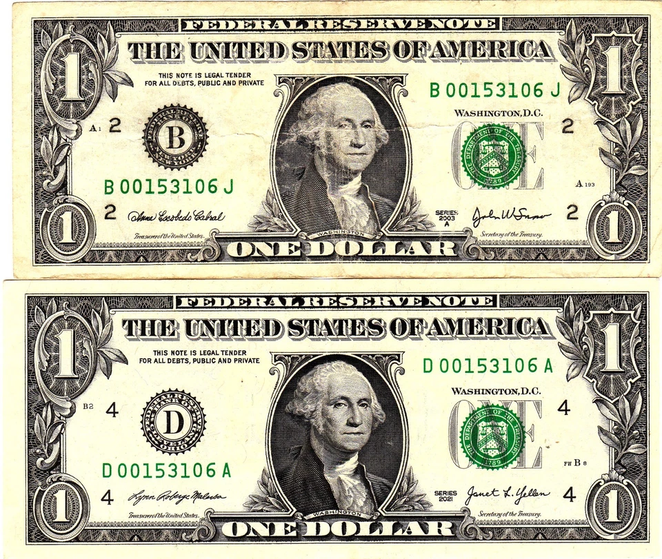 $1 2021  2003A  Fancy Serial MATCHING LOW SERIALS D00153106A  B00153106J - Image 1 of 1