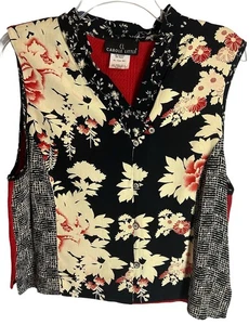 Chaleco Top CAROLE LITTLE Vintage Artsy Botón 16 L Negro Rojo Crema Floral Rayón - Imagen 1 de 3