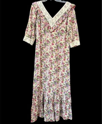 Maxi Vestido Vintage Kiyomi Hawaii Talla 12 Crema Floral Encaje Años 80 Algodón Cottagecore Foto 1 de 4