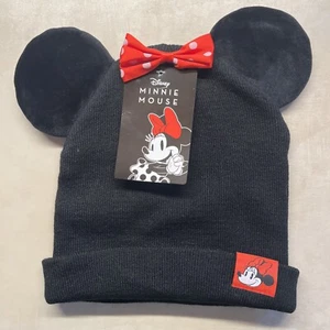 Disney Minnie Mouse Beanie Strickmütze mit Ohren und rot gepunkteter Schleife - OSFM - Neu mit Etikett - Bild 1 von 5
