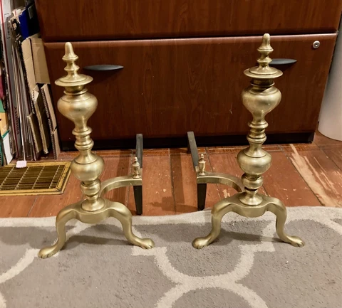 Vintage Andirons Brass & Cast Iron~ Federal Urn Style Cover