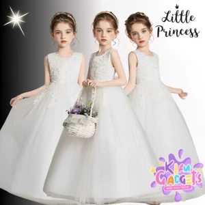 GIRLS WEDDING LONG DRESS Kids Party Lace Bow Bridesmaid Princess Gown PARTY - Picture 1 of 33