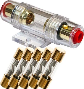 AGU Fuse Holder High Quality Gold Inline 4 6 8 Gauge + 5 Pack 50 AMP AGU Fuses - Picture 1 of 8