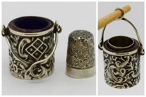 FINE RARE NOVELTY VICTORIAN SOLID SILVER BUCKET THIMBLE HOLDER ON HANDLE HM 1900 Cover