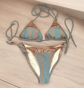 VTG Ritchie Swimwear Bikini Set Triangle Top Strappy Bottom Bronze Teal Sz S 7/8 - Picture 1 of 13
