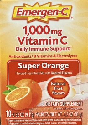 EMERGEN-C Vitamin C Supplement SUPER ORANGE 1000mg Fizzy Drink 10ct- EXP:11/2026 - Image 1 of 4