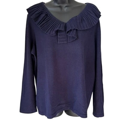 Suéter Saks Fifth Avenue Seda Cachemira Cuello Volantes Talla 2X Azul Silencioso Lujo Foto 1 de 4