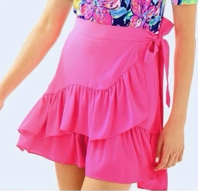 Saia Lilly Pulitzer Nessa tamanho 12 rosa cosmo envoltório falso babado em camadas nova com etiquetas $98 - Imagem 1 de 4
