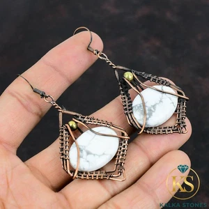Pendientes Ovalados Howlita Piedra Cobre Elegante Gota Cuelga Esposa Envueltos en Alambre Joyería - Imagen 1 de 6
