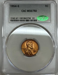 1954-S 1c Lincoln Wheat Cent CACG MS67RD - Picture 1 of 2