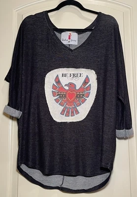 Boho Jane Womens Black Dolman Top with Thunderbird "BE FREE" Patch SZ M - image 1 of 4