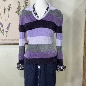 Vintage 90s Y2k Collared Chenille Striped Sweater Whimsy Twee Whimsigoth Retro L - Bild 1 von 8