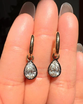 Gypset Hoop Earrings Pear Moissanite Set In Georgian 14k Yellow Gold Plated - Image 1 of 4