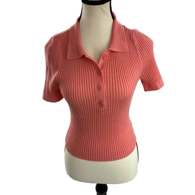 Camisa polo de punto acanalado Aerie para mujer M coral manga corta con cuello Foto 1 de 4