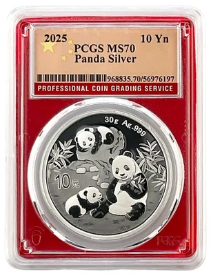China 2025 10 Yuan 30 Gramos Plata Panda PCGS MS70 - Núcleo Rojo - Etiqueta Bandera Foto 1 de 2