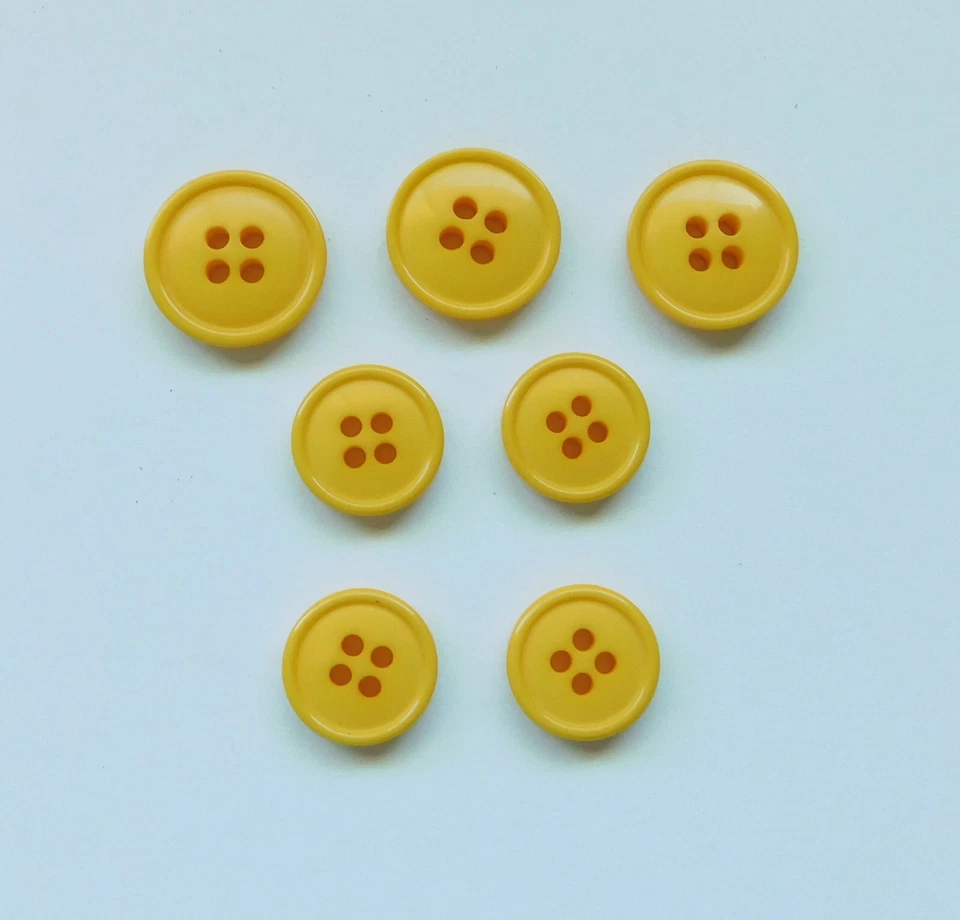 Set 7 Bright Yellow Goldenrod Buttons 4-Hole Rim Flat 11/16" and 9/16" Vintage - Image 1 of 4