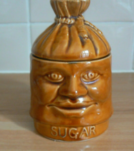 Vintage Unique England Pottery Face  Sugar Pot Canister