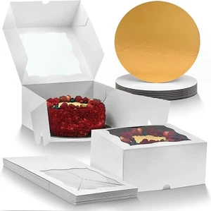 DELIHIDE Cake Boxes & Boards Set - 12 White Boxes, 12 White/Gold Cake Boards 10" - Picture 1 of 8